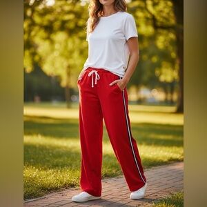 Sundry Red Track Pants Side Stripe Drawstring Wide Leg Lounge Athleisure Women L